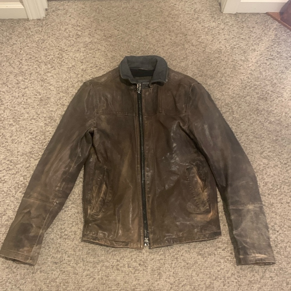 All Saints spiral Fields distressed tan grey motorcycle leather jacket sz M